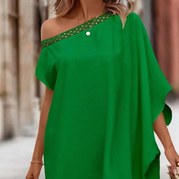 Green Boho Womens Guipure Lace Trim Asymmetrical Neck Batwing Sleeve Blo… - Picture 3 of 5